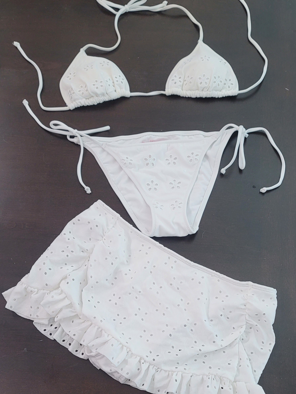 Victorias Secret White Eyelet Triangle Bikini Set with Ruffle Skirt